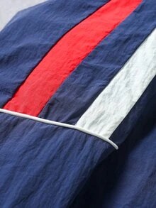 SUMWON Vintage Nylon Track Jacket With Red And White Color Block Panels Elastic Cuffs Zip Pockets And Satin Lining - Navy Blue - View 5