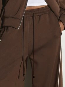 KSTM Wide Leg Jogger Pants With Contrast Piping Side Stripe Drawstring Waist Relaxed Fit Casual Lounge Trousers Fall Winter Essential - Coffee Brown - View 5