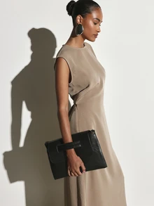 KSTM Sleeveless Cap Sleeve Crew Neck Sheath Midaxi Dress Solid Smooth Woven Structured Silhouette Elegant Midi Length Spring Summer Wedding Guest - Khaki - View 2