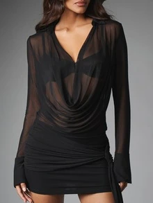 MISSGUIDED Sheer Mesh Cowl Neck Long Sleeve Ruched Mini Dress With Deep Plunge Draped Bodice And Side Tie Detail For Night Out - Black - View 3