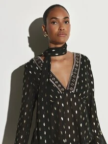 KSTM Boho Chiffon Bell Sleeve Blouse With Gold Foil Print Beaded V-Neck Embellishment And Fringe Hem Detail For Party Holiday - Black - View 4