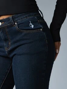 BABYPHAT Dark Wash Cropped Skinny Jeans With Cuffed Hem Mid Rise Five Pocket Denim Capri With Embroidered Logo Detail Spring Summer - Dark Wash - View 3