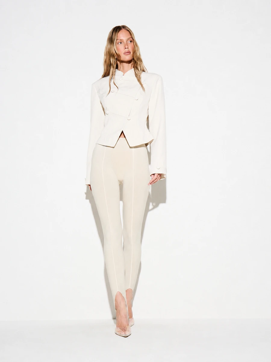 KIZN High Rise Skin Tight Full Length Leggings With Front Split Hem And Contrast Seam Detailing For Evening And Party Wear - Apricot - View 1