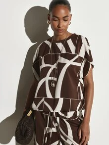 KSTM Oversized Abstract Geometric Print Crew Neck Short Sleeve Boxy Top Summer Casual Relaxed Fit Statement Style - Multicolor - View 1