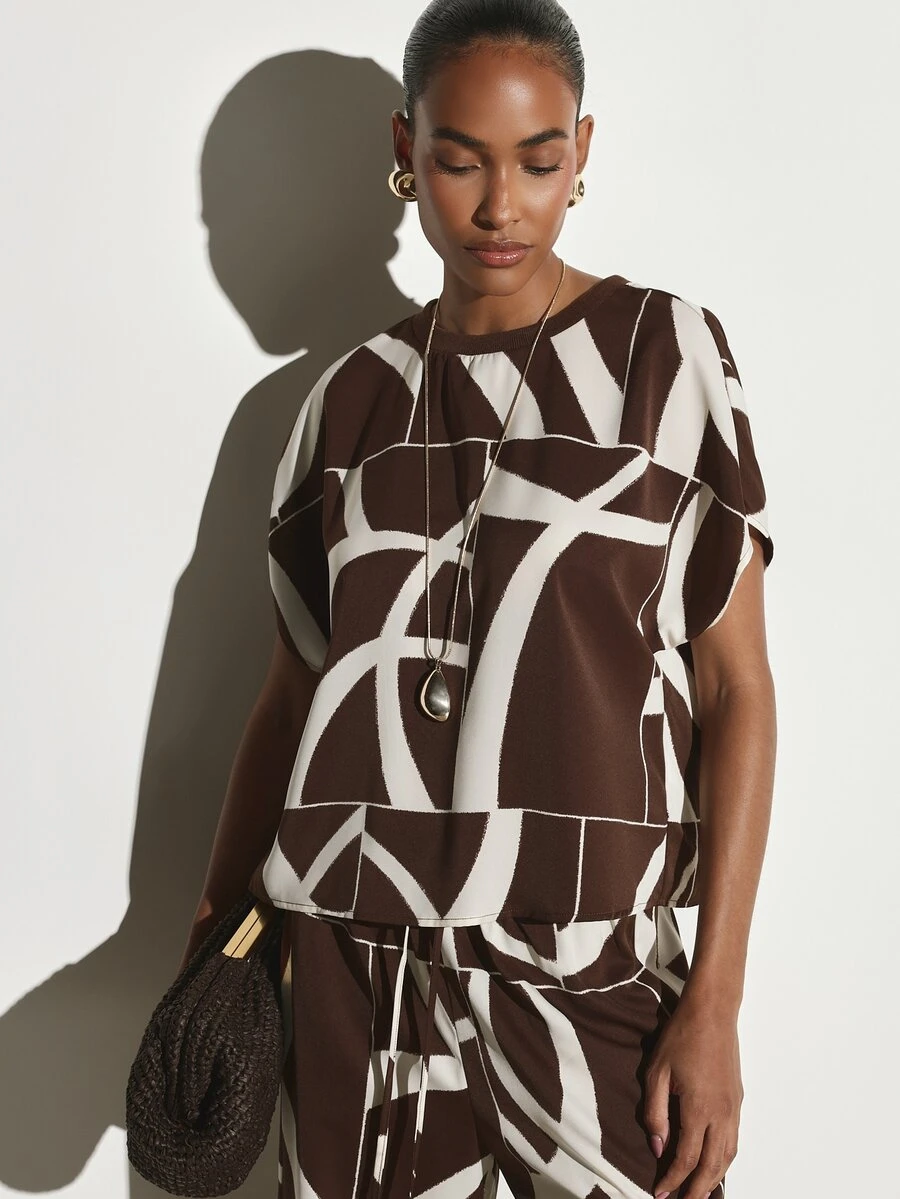 KSTM Oversized Abstract Geometric Print Crew Neck Short Sleeve Boxy Top Summer Casual Relaxed Fit Statement Style - Multicolor - View 1