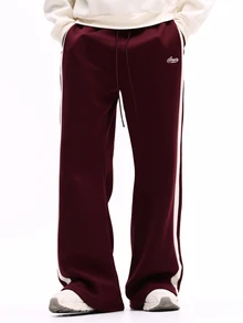 SUMWON Wide Leg Track Pants With Contrast Side Stripes And Script Logo Embroidery Drawstring Waist Fall Winter Casual Style - Red Violet - View 3