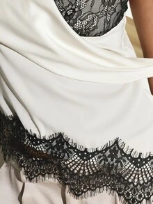 KSTM Blus Tanpa Lengan Berkerah Model Cowl Elegan dengan Detail Renda Hitam, Sempurna untuk Pesta Malam dan Acara Musim Semi/Panas. - Hitam dan Putih - View 6