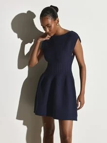 KSTM Knit Mini Dress With Boat Neckline Ribbed Cinched Waist Fit And Flare Silhouette Cap Sleeve Holiday Party - Blue - View 1