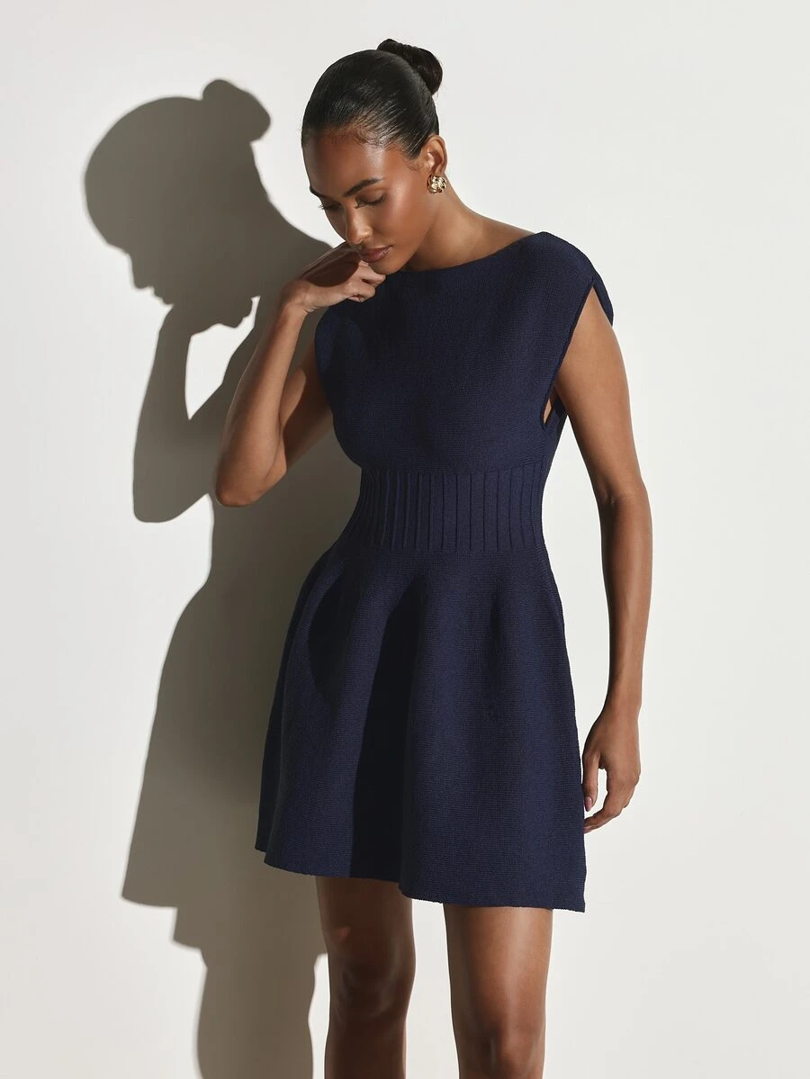 KSTM Knit Mini Dress With Boat Neckline Ribbed Cinched Waist Fit And Flare Silhouette Cap Sleeve Holiday Party - Blue - View 1