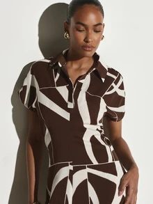 KSTM Abstract Geometric Print Collared Dress With Short Sleeves A-Line Silhouette Flowing Skirt Summer Holiday Occasion Wear - Multicolor - View 4