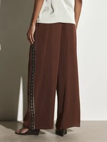 KSTM Celana Panjang Kasual Model Kaki Lebar dengan Bordir Boho di Sisi, Tali Serut, Pinggang Elastis, Celana Palazzo Panjang Penuh - Coklat - View 4