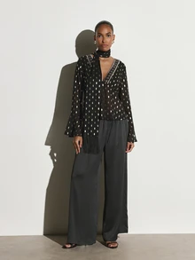 KSTM Boho Chiffon Bell Sleeve Blouse With Gold Foil Print Beaded V-Neck Embellishment And Fringe Hem Detail For Party Holiday - Black - View 2
