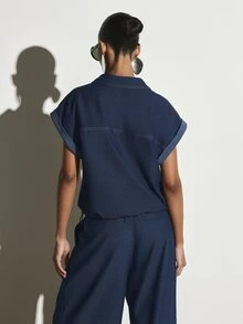 KSTM Dark Wash Utility Jacket With Button Front Closure Patch Pockets Contrast Stitching And Drawstring Hem Summer Cropped Outerwear - Navy Blue - View 6