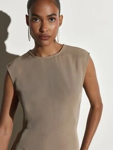 KSTM Sleeveless Cap Sleeve Crew Neck Sheath Midaxi Dress Solid Smooth Woven Structured Silhouette Elegant Midi Length Spring Summer Wedding Guest - Khaki - View 4