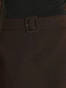 KSTM Chocolate Brown High Rise A-Line Mini Skirt With Self-Fabric Belt Buckle Detail, Fall Winter Wardrobe Essential - Brown - View 5