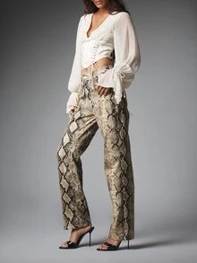 MISSGUIDED High Rise Snake Print Denim Straight Leg Trousers With Side Pockets Full Length Evening Party Style - Multicolor - View 1