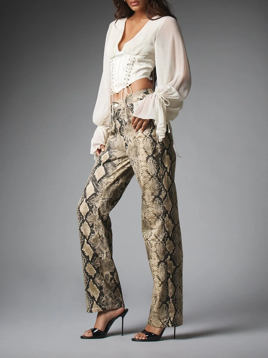 MISSGUIDED High Rise Snake Print Denim Straight Leg Trousers With Side Pockets Full Length Evening Party Style - Multicolor - View 1