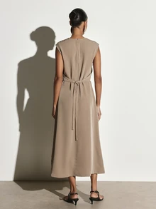 KSTM Sleeveless Cap Sleeve Crew Neck Sheath Midaxi Dress Solid Smooth Woven Structured Silhouette Elegant Midi Length Spring Summer Wedding Guest - Khaki - View 5