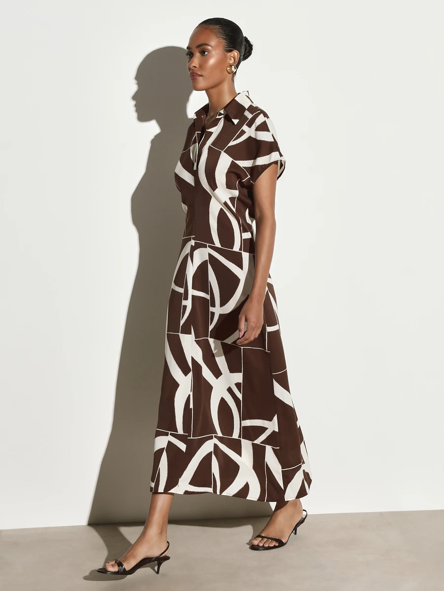 KSTM Abstract Geometric Print Collared Dress With Short Sleeves A-Line Silhouette Flowing Skirt Summer Holiday Occasion Wear - Multicolor - View 1
