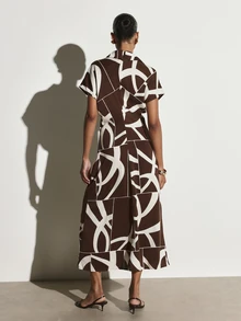 KSTM Abstract Geometric Print Collared Dress With Short Sleeves A-Line Silhouette Flowing Skirt Summer Holiday Occasion Wear - Multicolor - View 6