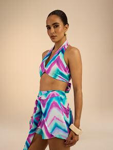 Dancing Leopard Blue And Pink Wrap Tie Front Shorts, Holiday/Vacation Wear - Multicolor - View 4