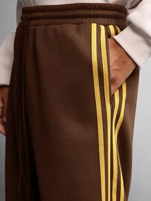 SUMWON Wide Leg Track Pants With Bold Gold Side Stripe Detail Drawstring Waist Full Length Casual Street Style Fall Winter Trouser - Coffee Brown - View 7