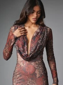 MISSGUIDED Cowl Neck Long Sleeve Bodycon Mini Dress Mixed Animal Print Mesh Ruched Waist Party Night Out Fall Winter - Multicolor - View 4