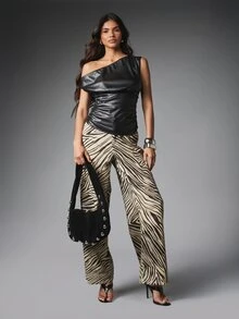 MISSGUIDED Faux Leather One-Shoulder Ruched Sleeveless Top Party Night Out Spring Summer Night Out Blouse - Black - View 3