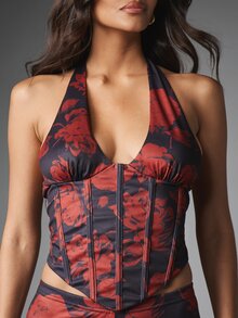 MISSGUIDED Floral Print Halter Neck Corset Crop Top With Boning Panels Deep V Plunge Backless Design Perfect For Summer Nights And Vacation - Multicolor - View 4