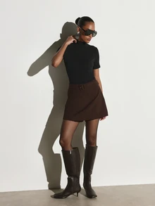 KSTM Chocolate Brown High Rise A-Line Mini Skirt With Self-Fabric Belt Buckle Detail, Fall Winter Wardrobe Essential - Brown - View 3