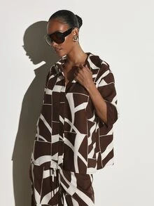 KSTM Abstract Geometric Print Collared Shirt With Elbow Length Boxy Sleeves Oversized Relaxed Fit Button Front Summer Holiday Top - Multicolor - View 1
