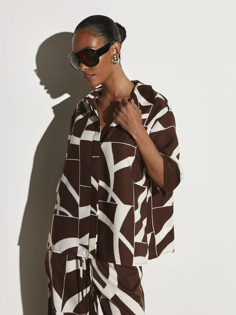 KSTM Abstract Geometric Print Collared Shirt With Elbow Length Boxy Sleeves Oversized Relaxed Fit Button Front Summer Holiday Top - Multicolor - View 1