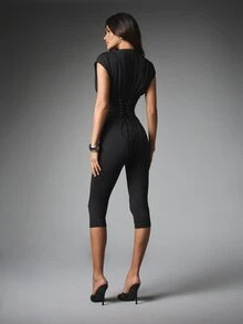 MISSGUIDED Jumpsuit Korset Berpotongan V-Neck Dalam dengan Lengan Pendek dan Detail Tali di Bagian Belakang, Potongan Kaki Ketat Pendek - Hitam - View 2