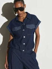KSTM Dark Wash Utility Jacket With Button Front Closure Patch Pockets Contrast Stitching And Drawstring Hem Summer Cropped Outerwear - Navy Blue - View 1