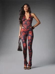 MISSGUIDED High Rise Floral Print Skinny Leggings With Front Split Hem Rose AOP Dark Charcoal Red Party Night Out Spring Summer - Multicolor - View 3