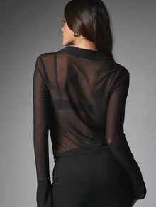 MISSGUIDED Sheer Mesh Cowl Neck Long Sleeve Ruched Mini Dress With Deep Plunge Draped Bodice And Side Tie Detail For Night Out - Black - View 2