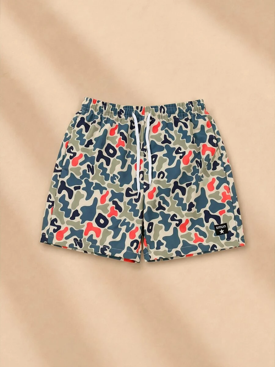 SUMWON Camo Letter Print Shorts With Elasticated Drawstring Waist Summer Holiday Beach Casual Shorts - Multicolor - View 1