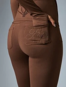 BABYPHAT Flared High Rise Full Length Casual Pants With Rhinestone Studded Patch Pocket Detail And Smooth Knit Fabric Perfect For Fall Winter Evenings - Coffee Brown - View 3