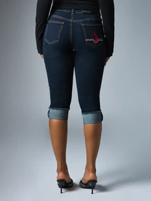 BABYPHAT Dark Wash Cropped Skinny Jeans With Cuffed Hem Mid Rise Five Pocket Denim Capri With Embroidered Logo Detail Spring Summer - Dark Wash - View 6