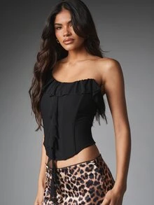MISSGUIDED Crop Top Korset Berkerut Satu Bahu dengan Trim Chiffon, Panel Tulang Penyangga Terstruktur, Garis Leher Asimetris, Pesta Malam Musim Panas - Hitam - View 5