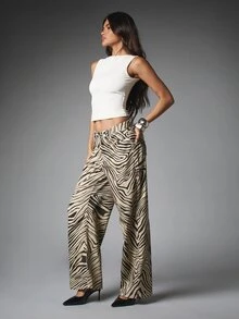 MISSGUIDED Zebra Print Wide Leg Pants Low Rise Full Length Animal Print Casual Trousers Perfect For Summer Holidays Festivals And Everyday Styling - Multicolor - View 4