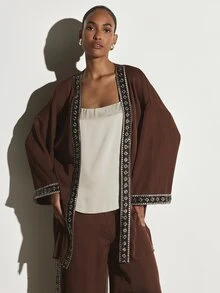 KSTM Jaket Kimono Depan Terbuka dengan Hiasan Bordir Geometris, Lengan Lonceng, Siluet Mengalir, Cocok untuk Acara Musim Gugur dan Musim Dingin - Coffee Brown - View 1