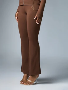 BABYPHAT Flared High Rise Full Length Casual Pants With Rhinestone Studded Patch Pocket Detail And Smooth Knit Fabric Perfect For Fall Winter Evenings - Coffee Brown - View 1
