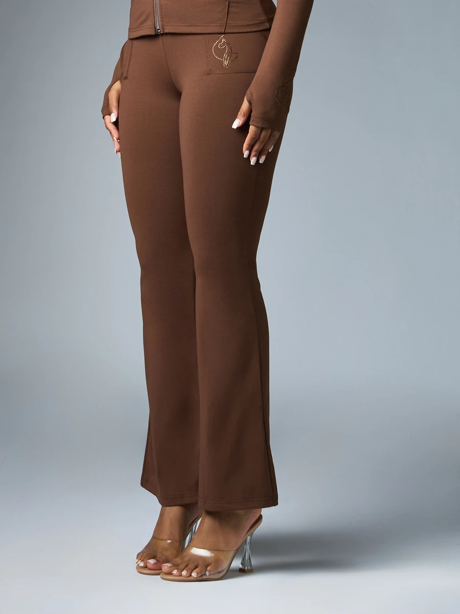 BABYPHAT Flared High Rise Full Length Casual Pants With Rhinestone Studded Patch Pocket Detail And Smooth Knit Fabric Perfect For Fall Winter Evenings - Coffee Brown - View 1