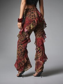 MISSGUIDED Chiffon Bell Bottom Flared Pants With Mixed Animal Leopard Floral Print And Cascading Ruffle Detail For Festival Spring Summer - Multicolor - View 2