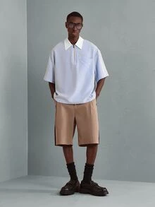 SUMWON Plus Size Boxy Short Sleeve Half Zip Polo Shirt With Contrast White Collar And Chest Pocket Striped Seersucker Summer Top - Blue and White - View 4