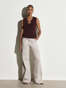 KSTM Ribbed Knit Sleeveless Tank Top With Gold Horsebit Keyhole Cutout Neckline Slim Fit Elegant Fall Winter Top - Burgundy - View 2