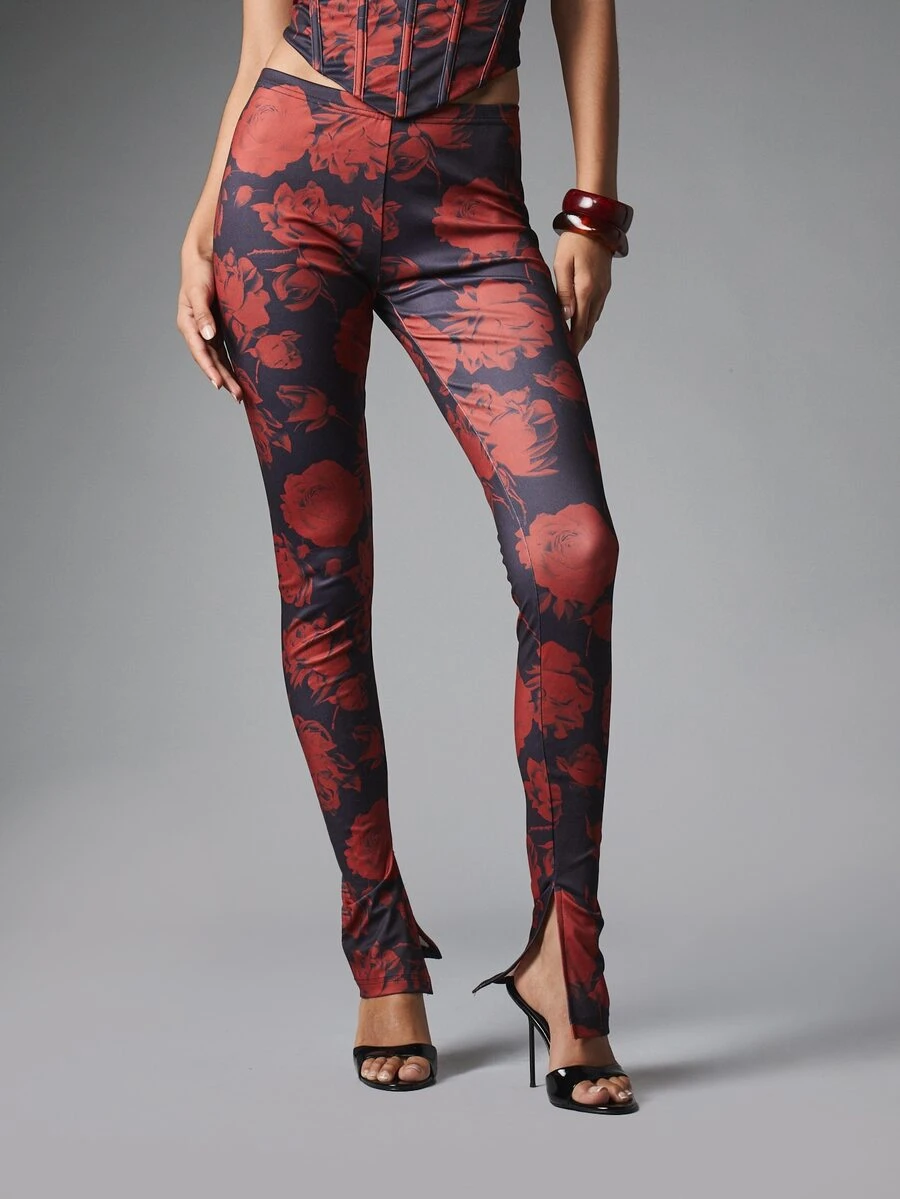 MISSGUIDED High Rise Floral Print Skinny Leggings With Front Split Hem Rose AOP Dark Charcoal Red Party Night Out Spring Summer - Multicolor - View 1