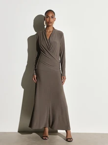 KSTM Gaun Lilit Lengan Panjang dengan Pinggang Berkerut, Leher V, Rok Mengembang, Gaun Malam Elegan untuk Musim Gugur dan Musim Dingin (Formal). - Grey - View 1