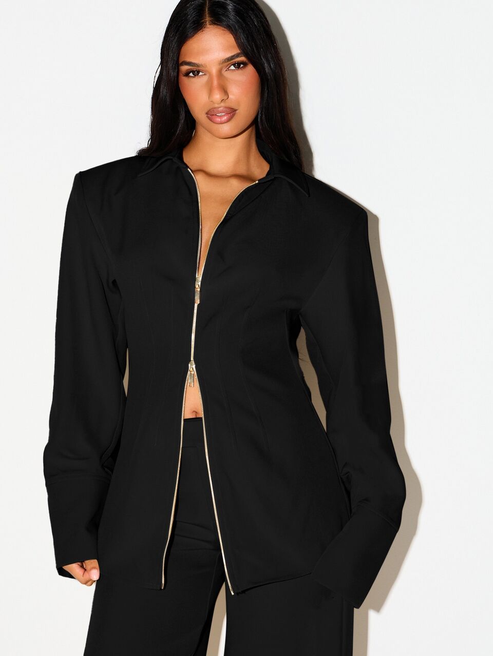 KIZN Zip-Up Blazer With Pointed Collar And Gold Zipper